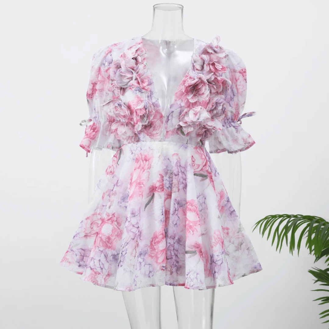 "Floral Ruffle" Deep - V Minikleid - Minikleid - The Femme Club