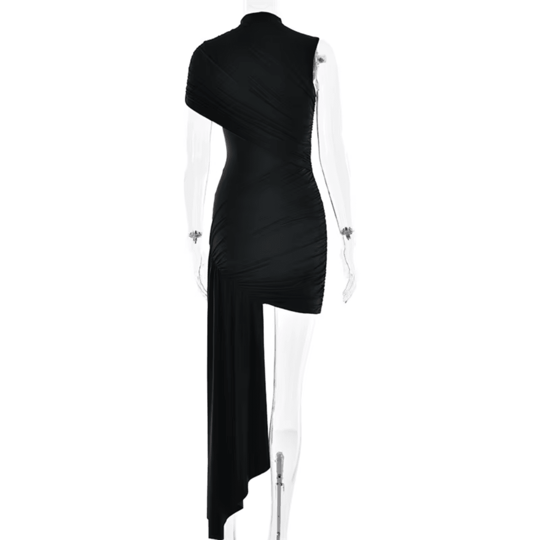 "Noir Draped" Mini Dress - Asymmetrisches Draped Mini Dress - The Femme Club