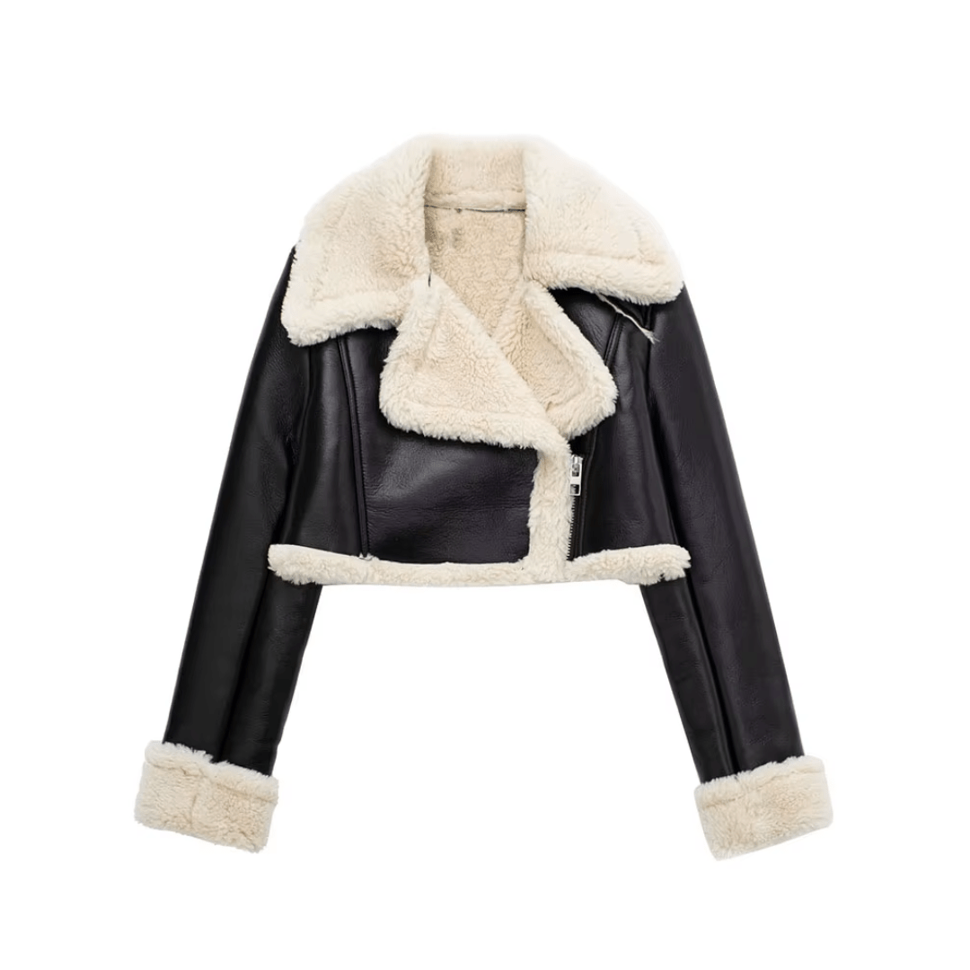 Shearling Jacket "Vivienne" - Cropped Kunstlederjacke mit Shearling - Futter - The Femme Club