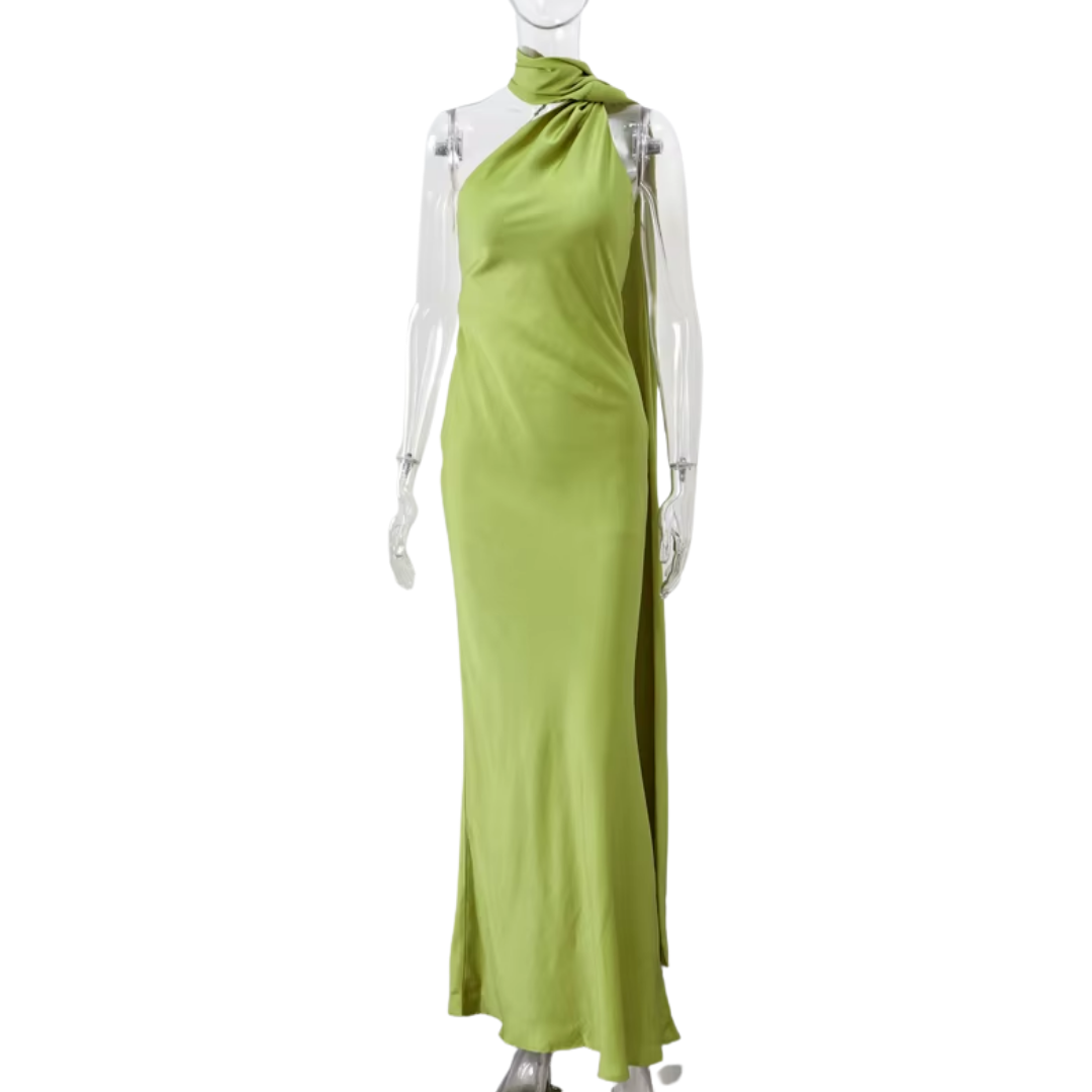 "Verde Élégance" – Satin-Maxikleid mit Cape-Detail