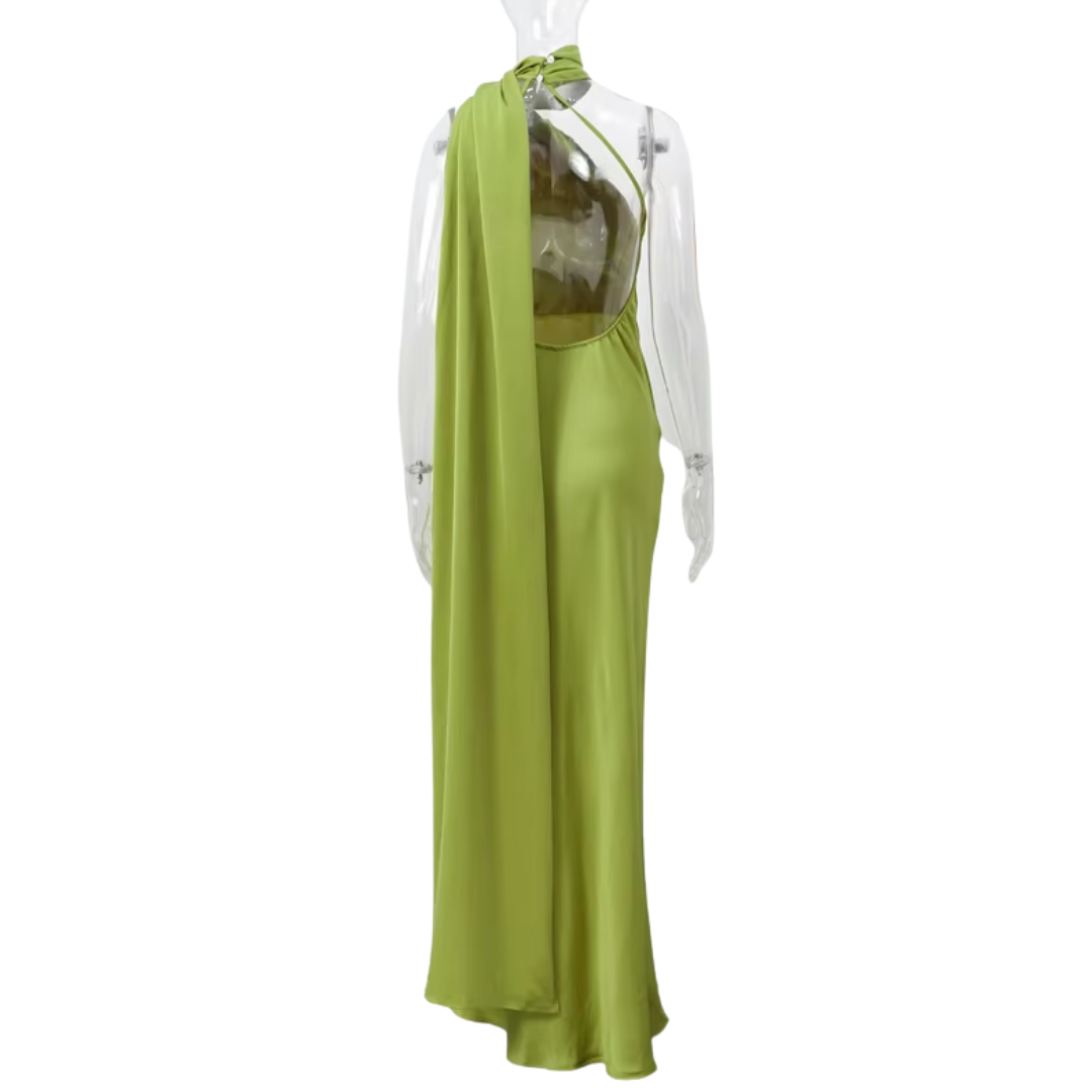 "Verde Élégance" – Satin-Maxikleid mit Cape-Detail