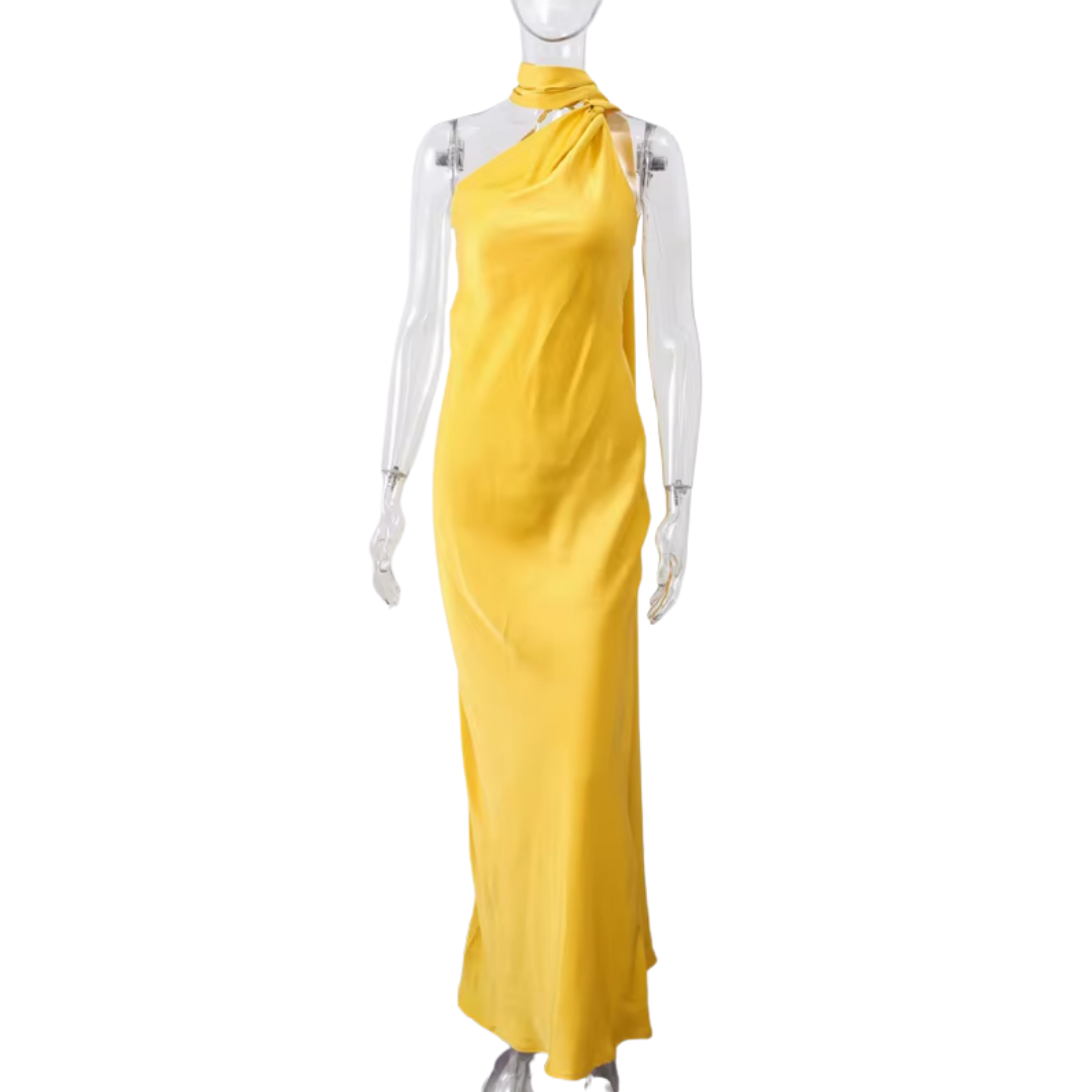 "Verde Élégance" – Satin-Maxikleid mit Cape-Detail