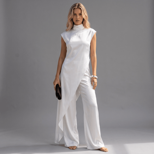 Asymmetrisches Satin-Longtop "White" - Oberteile - The Femme Club