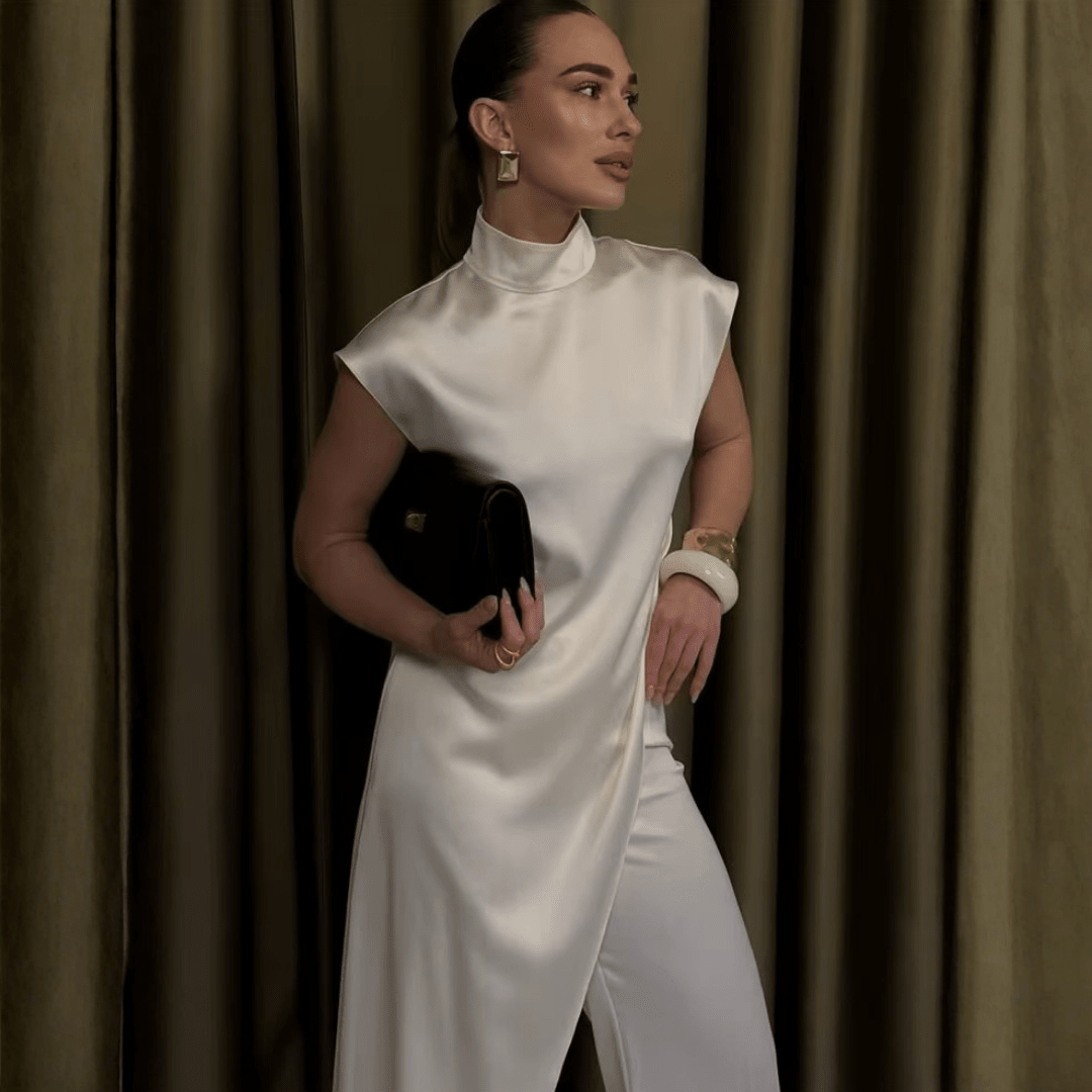 Asymmetrisches Satin-Longtop "White" - Oberteile - The Femme Club