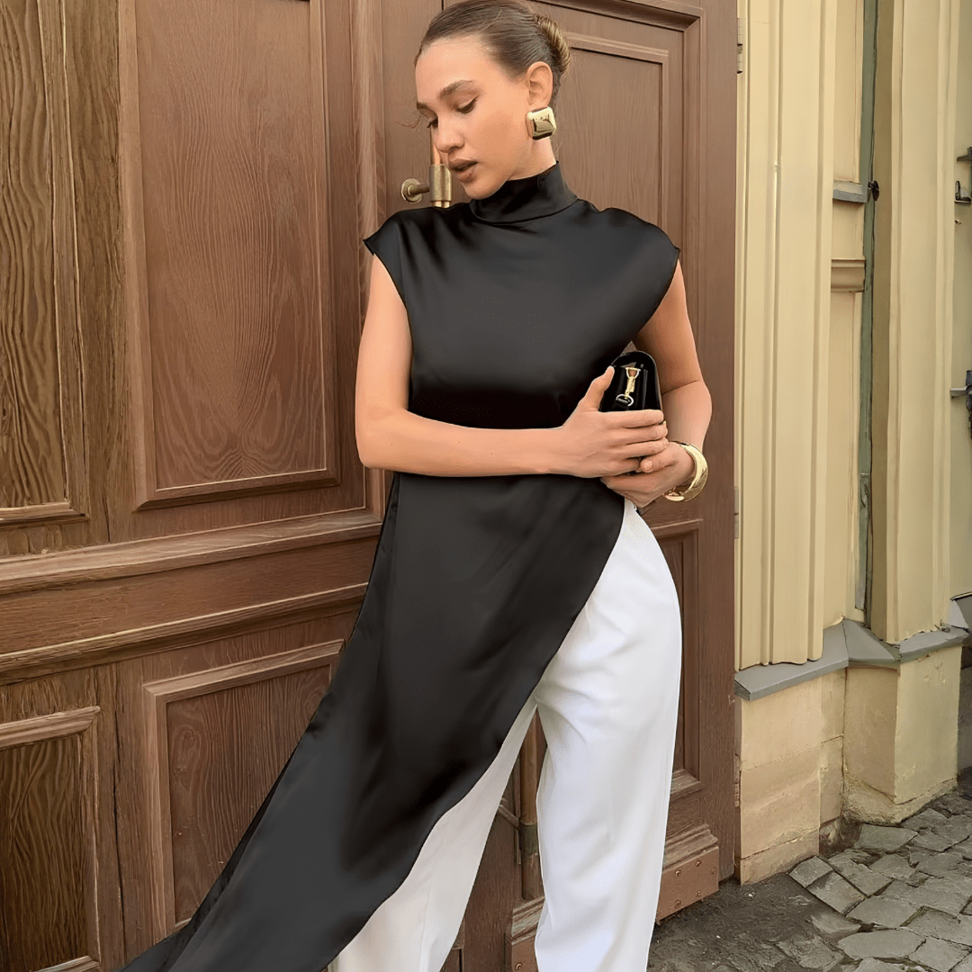 Asymmetrisches Satin-Longtop "White" - Oberteile - The Femme Club