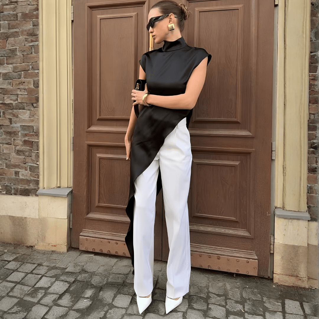 Asymmetrisches Satin-Longtop "White" - Oberteile - The Femme Club
