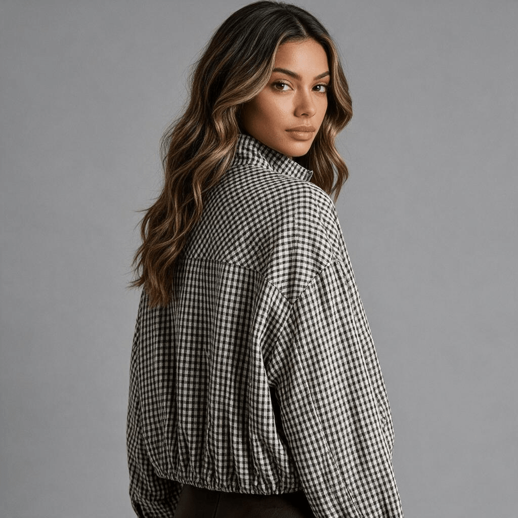 „Check Muse“ – Kariertes Oversize-Oberteil mit Stehkragen - Damenjacke - The Femme Club