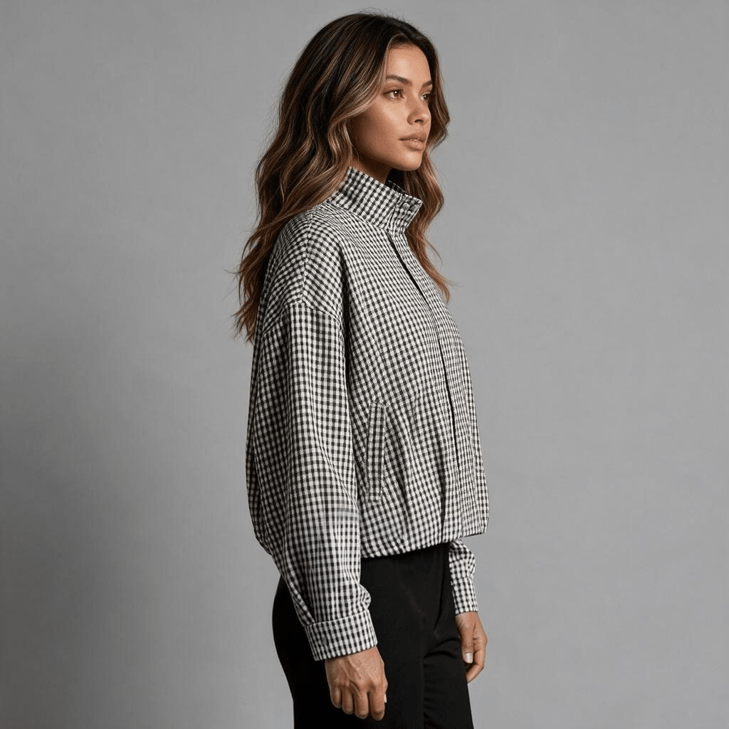 „Check Muse“ – Kariertes Oversize-Oberteil mit Stehkragen - Damenjacke - The Femme Club