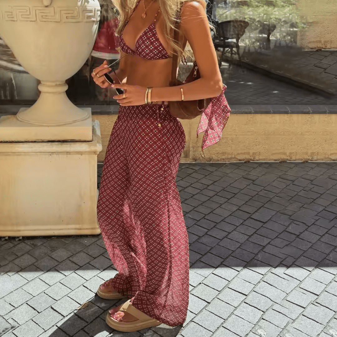 "Coast Luxe" Beachwear Set - 3-teiliges Bikini & Palazzo Set - The Femme Club
