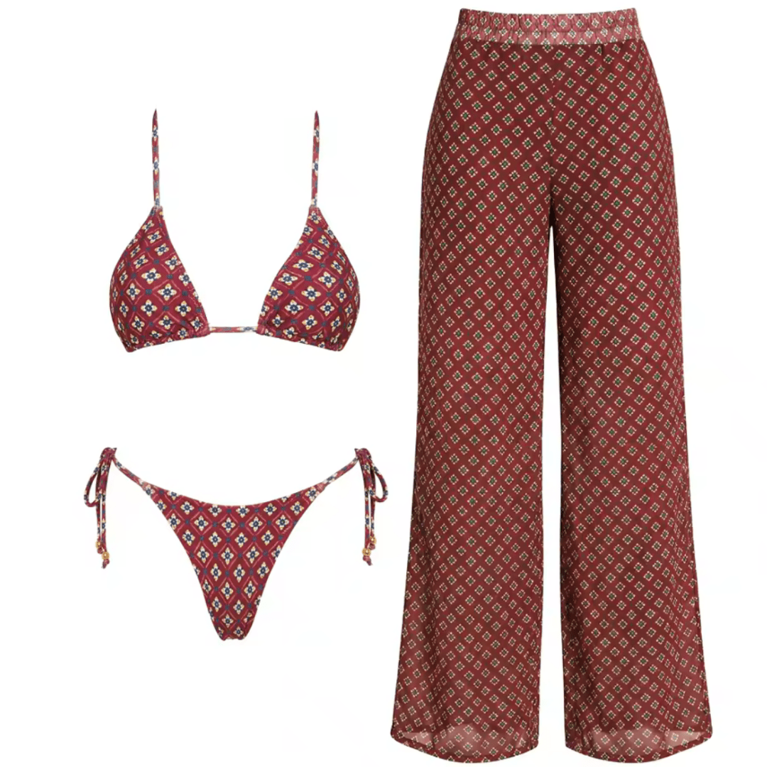 "Coast Luxe" Beachwear Set - 3-teiliges Bikini & Palazzo Set - The Femme Club