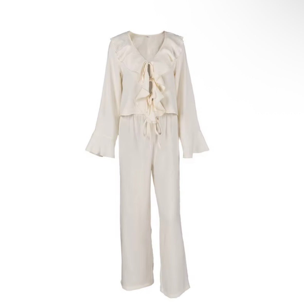Elegantes Zweiteiliges Set Mit Oberteil Und Hose - Pearl Flow Set - Elegantes 2-teiliges Damen-Set in Creme - The Femme Club