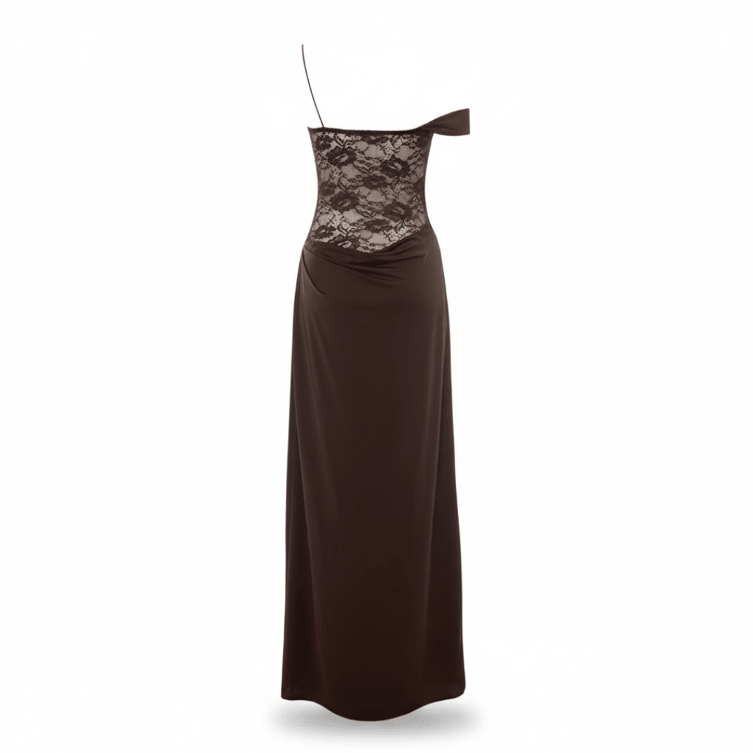"Femme Luxe" – Braunes Spitzen-Maxikleid - Maxikleid - The Femme Club
