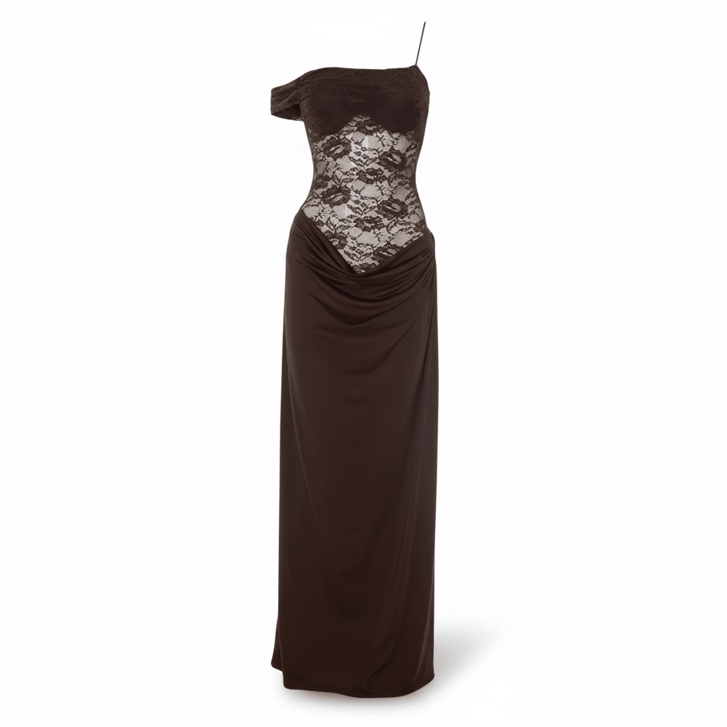 "Femme Luxe" – Braunes Spitzen-Maxikleid - Maxikleid - The Femme Club