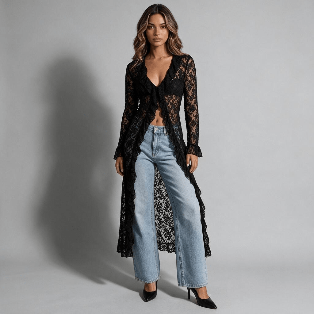„Lace Allure“ Langer Spitzen-Cardigan mit Volants - Spitzenüberwurf - The Femme Club