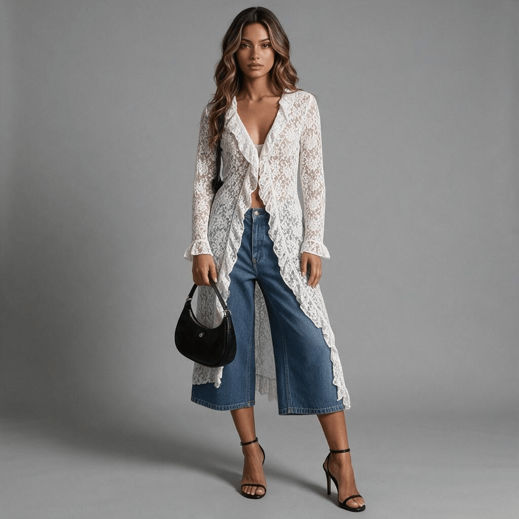 „Lace Allure“ Langer Spitzen-Cardigan mit Volants - Spitzenüberwurf - The Femme Club