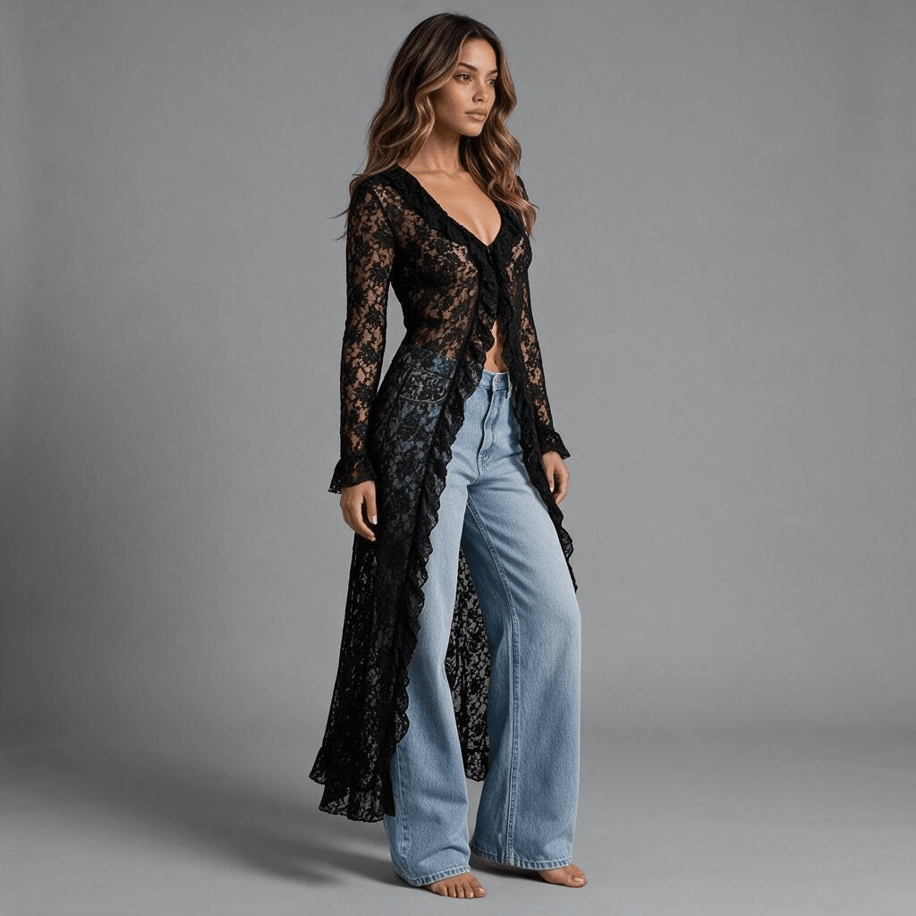 „Lace Allure“ Langer Spitzen-Cardigan mit Volants - Spitzenüberwurf - The Femme Club
