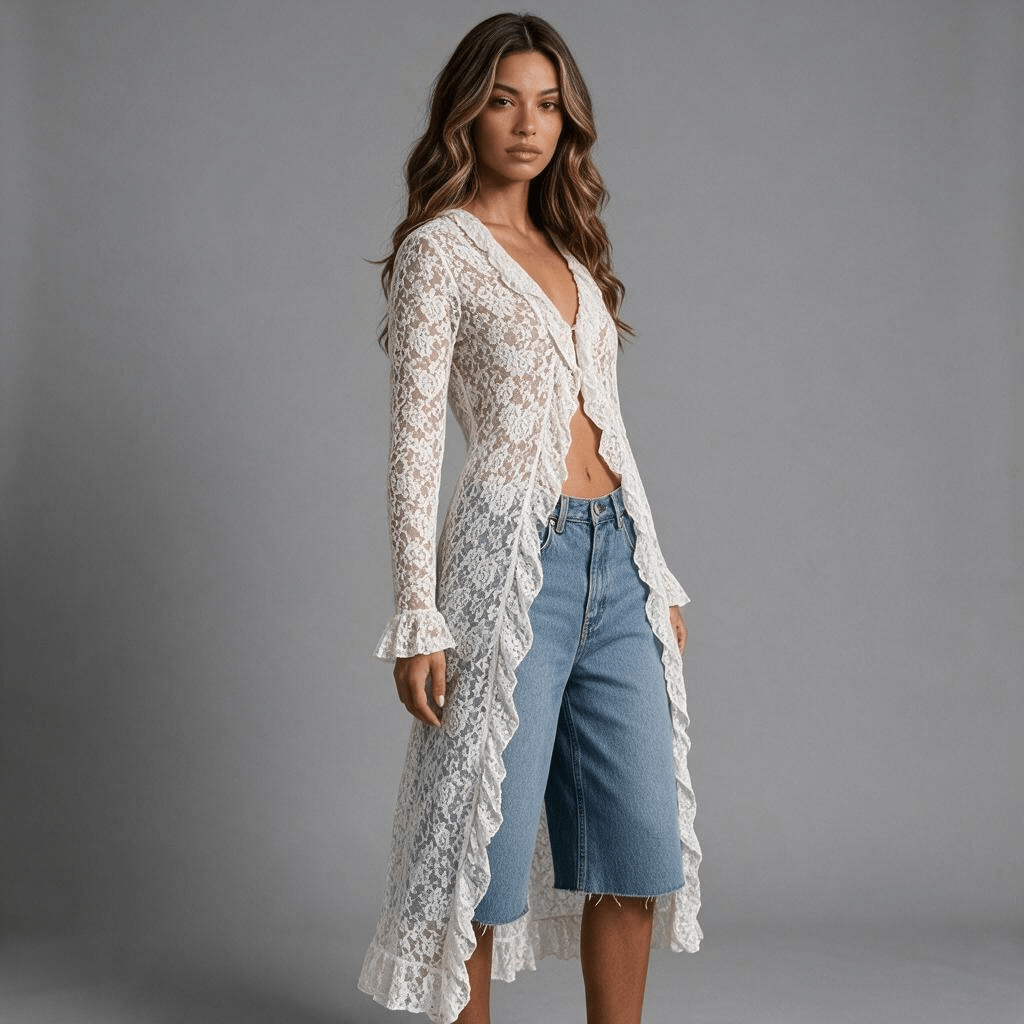 „Lace Allure“ Langer Spitzen-Cardigan mit Volants - Spitzenüberwurf - The Femme Club