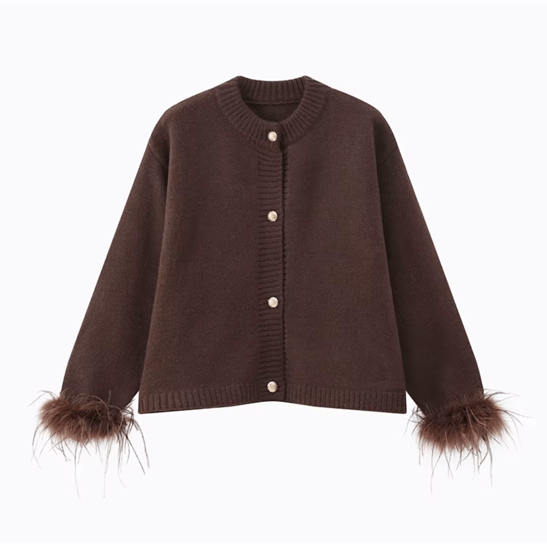 "Mocha Muse" Feather Cardigan - Cardigan - The Femme Club