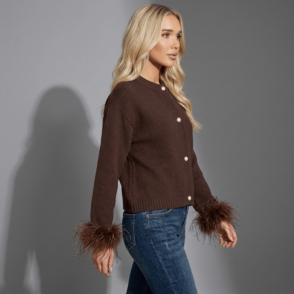 "Mocha Muse" Feather Cardigan - Cardigan - The Femme Club