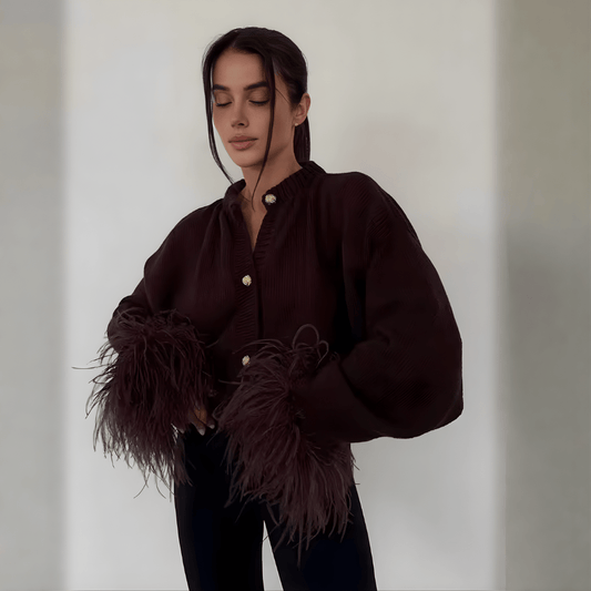 "Mocha Muse" Feather Cardigan - Cardigan - The Femme Club