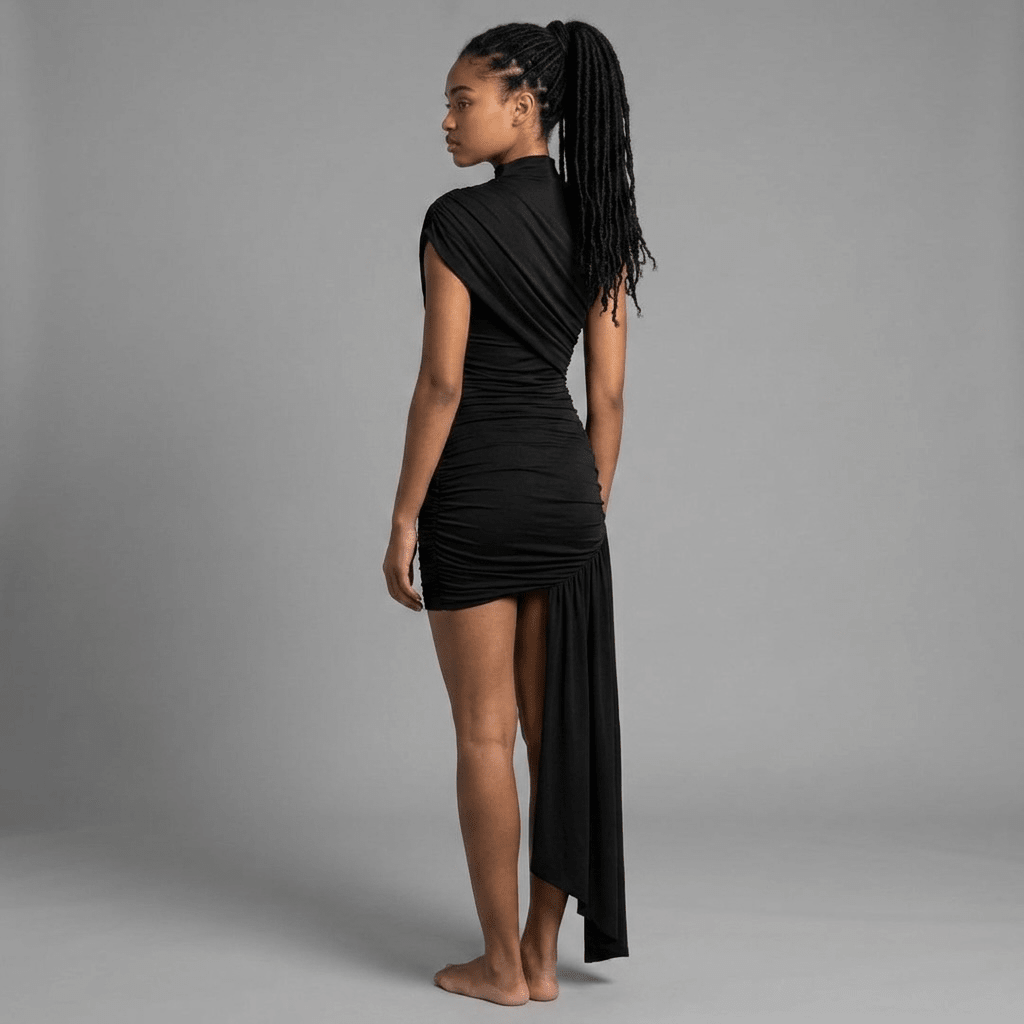 "Noir Draped" Mini Dress - Asymmetrisches Draped Mini Dress - The Femme Club