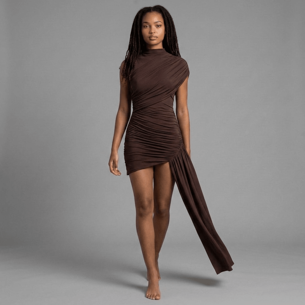 "Noir Draped" Mini Dress - Asymmetrisches Draped Mini Dress - The Femme Club