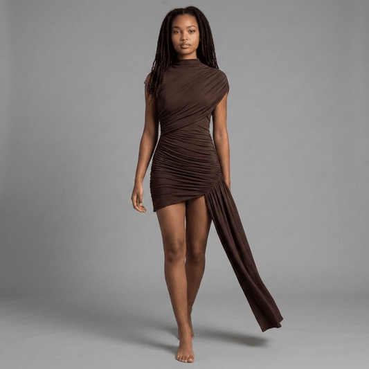 "Noir Draped" Mini Dress - Asymmetrisches Draped Mini Dress - The Femme Club