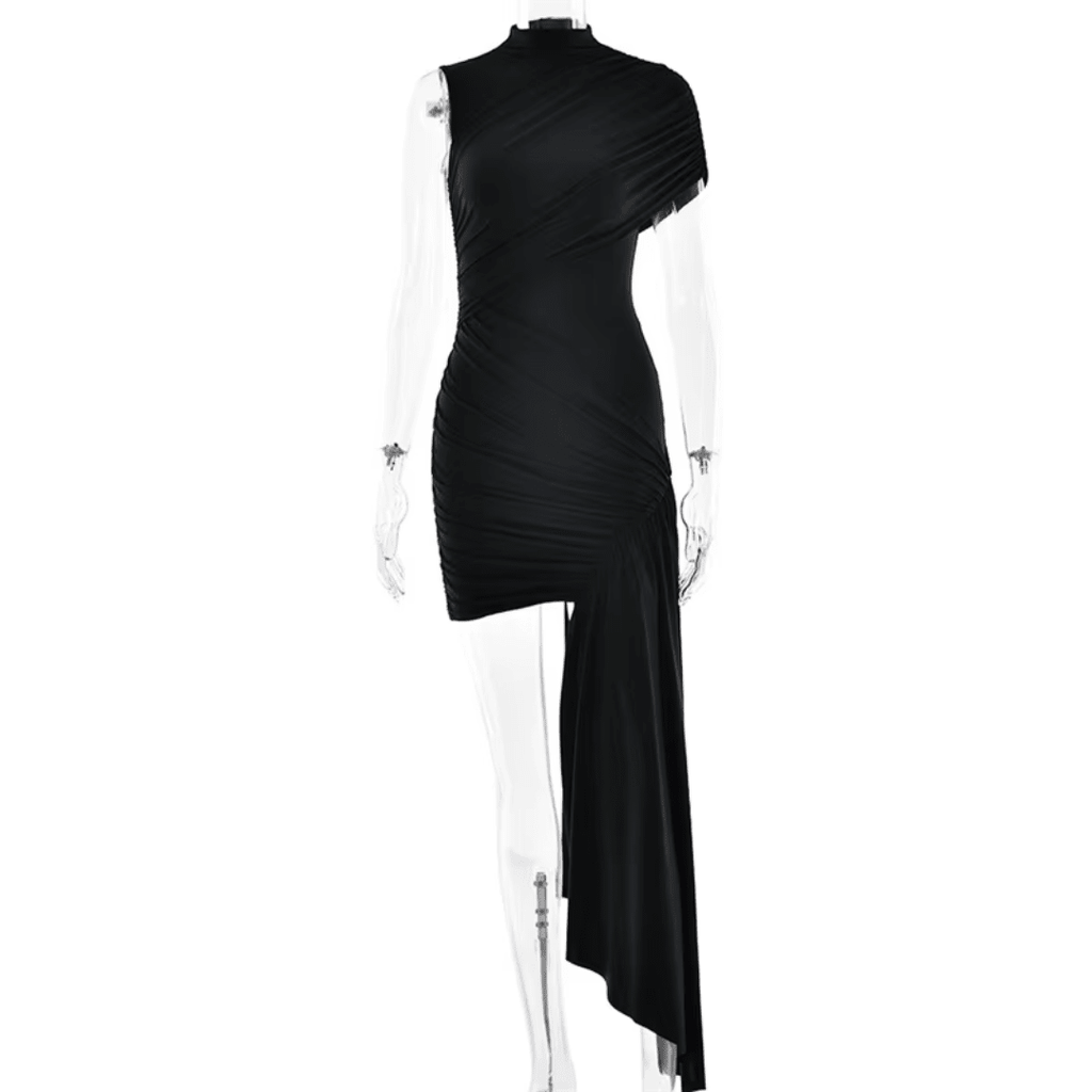 "Noir Draped" Mini Dress - Asymmetrisches Draped Mini Dress - The Femme Club