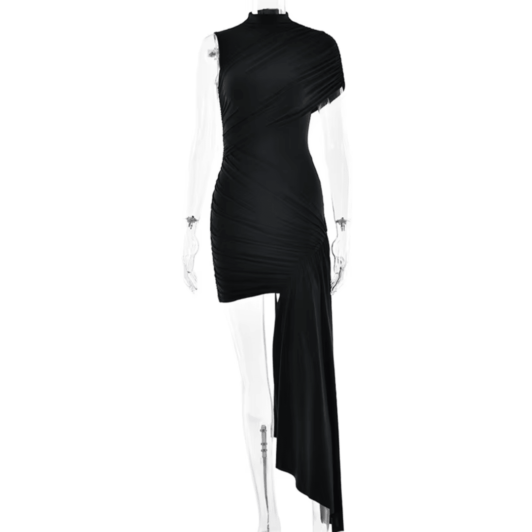 "Noir Draped" Mini Dress - Asymmetrisches Draped Mini Dress - The Femme Club