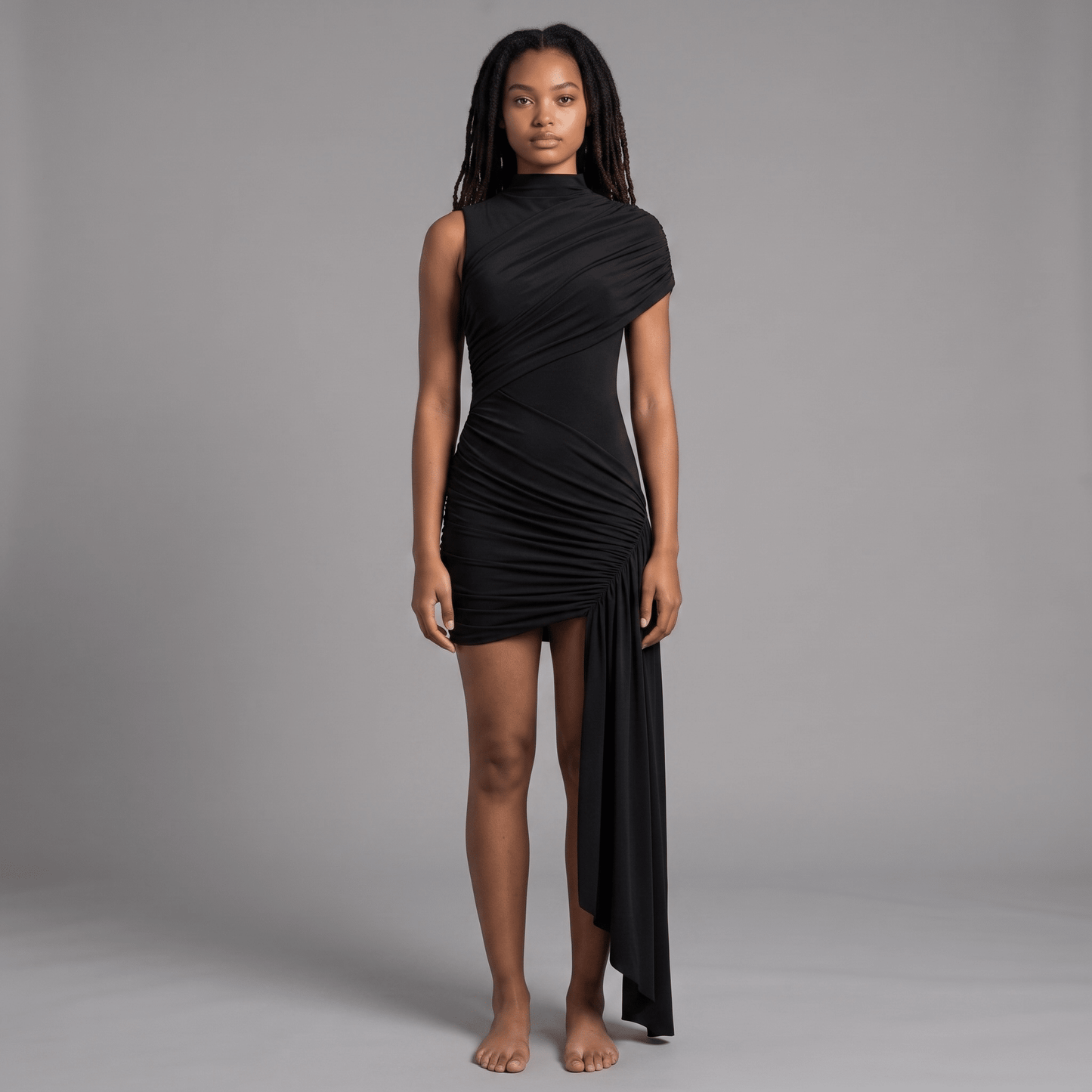 "Noir Draped" Mini Dress - Asymmetrisches Draped Mini Dress - The Femme Club