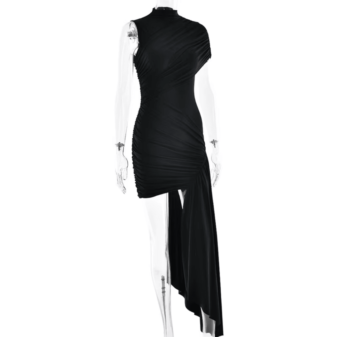"Noir Draped" Mini Dress - Asymmetrisches Draped Mini Dress - The Femme Club