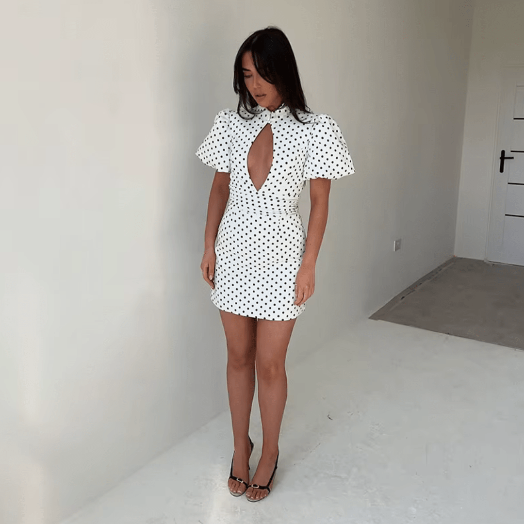 "Noir Élégance" Dot Mini Dress - Mini Dress - The Femme Club