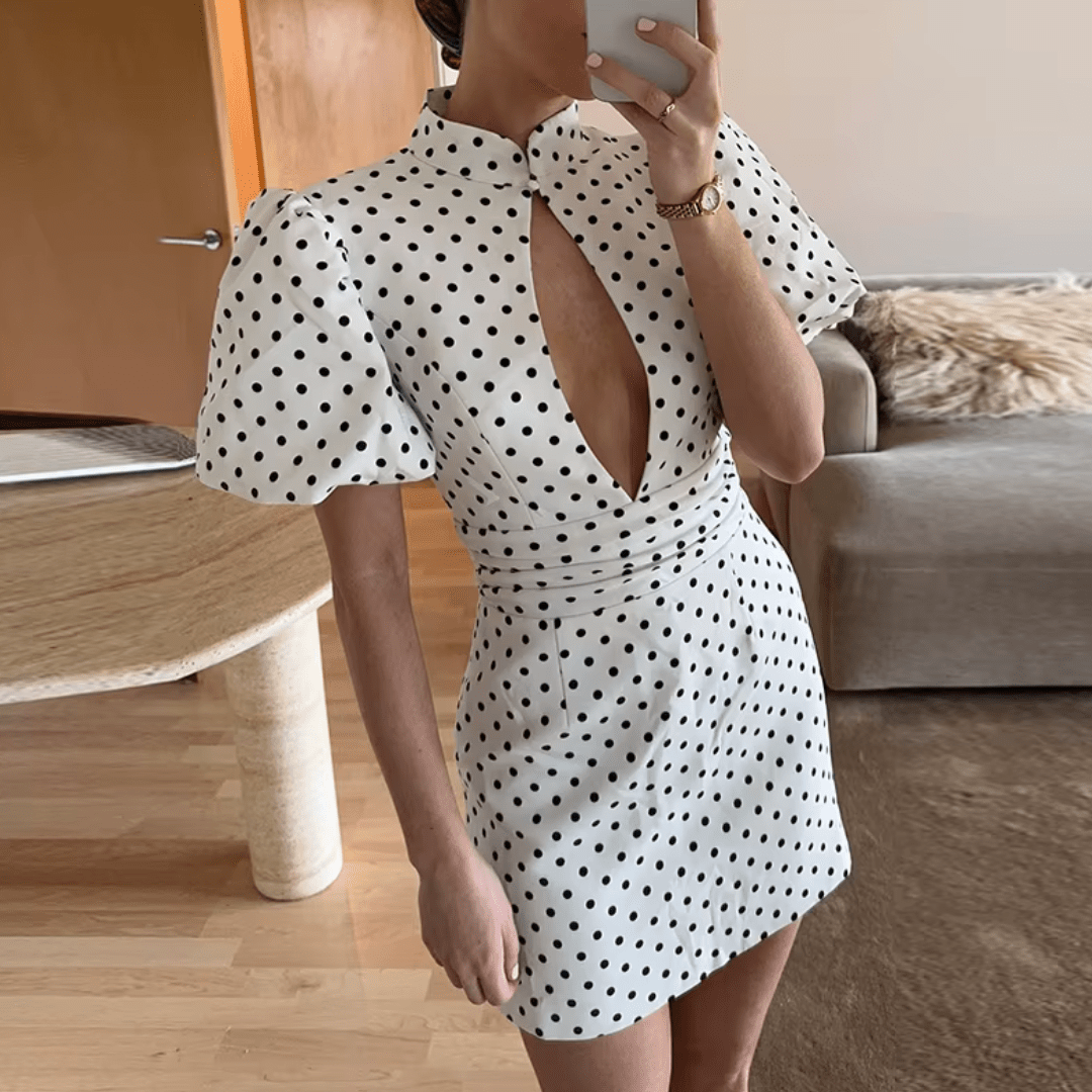 "Noir Élégance" Dot Mini Dress - Mini Dress - The Femme Club