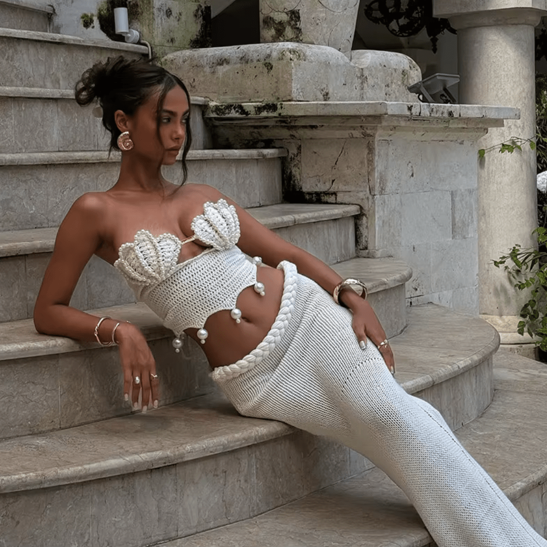 "Oceana Pearl" Crochet Ensemble - Luxuriöses Crochet Maxi-Set - The Femme Club