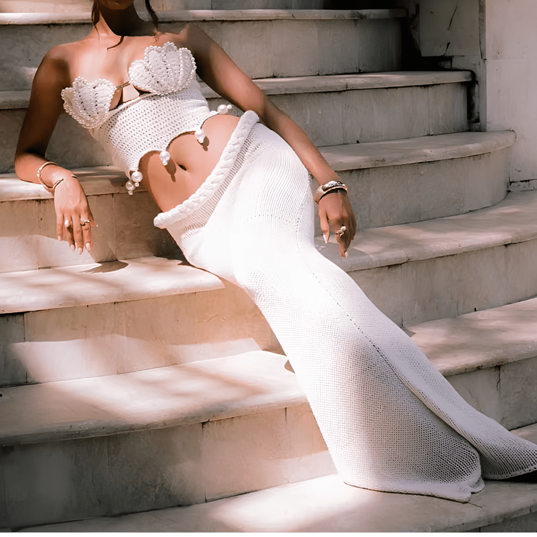 "Oceana Pearl" Crochet Ensemble - Luxuriöses Crochet Maxi-Set - The Femme Club