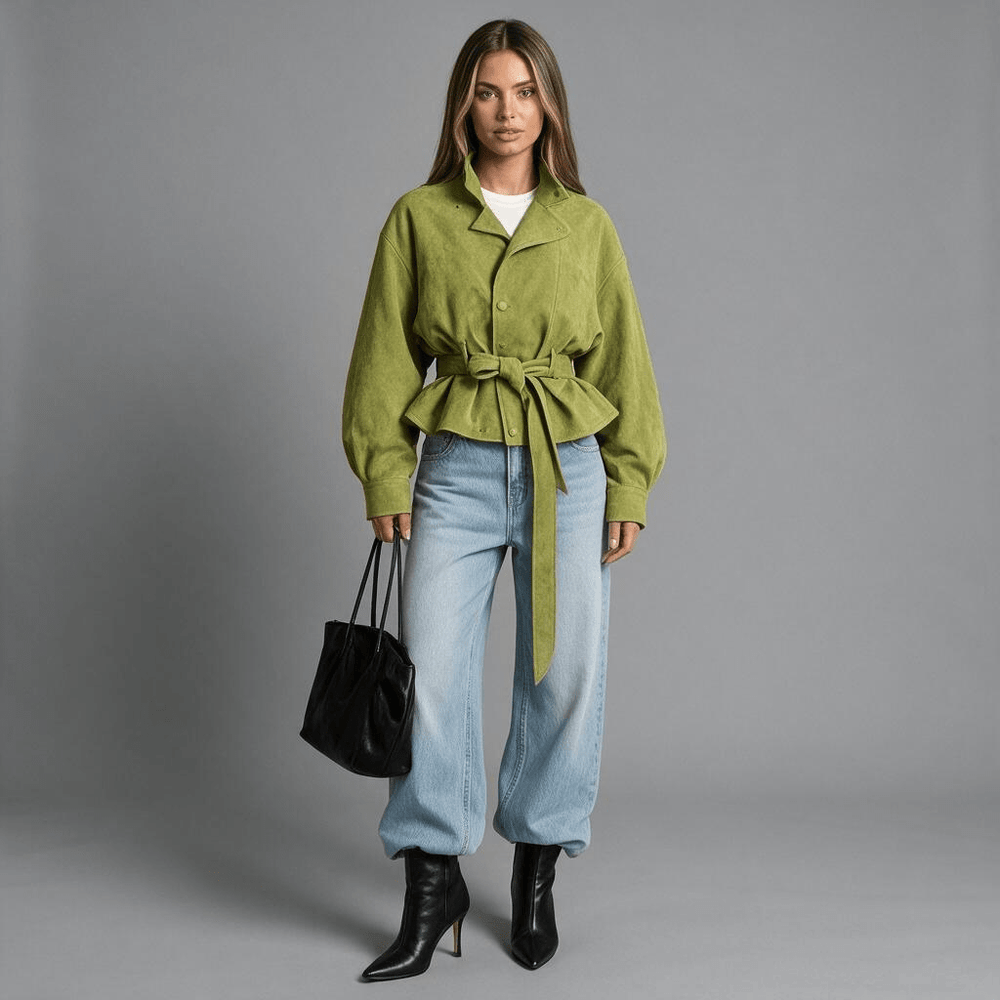 „Olive Affair“ Olivgrüne Kurzjacke mit Bindegürtel - Damenjacke - The Femme Club