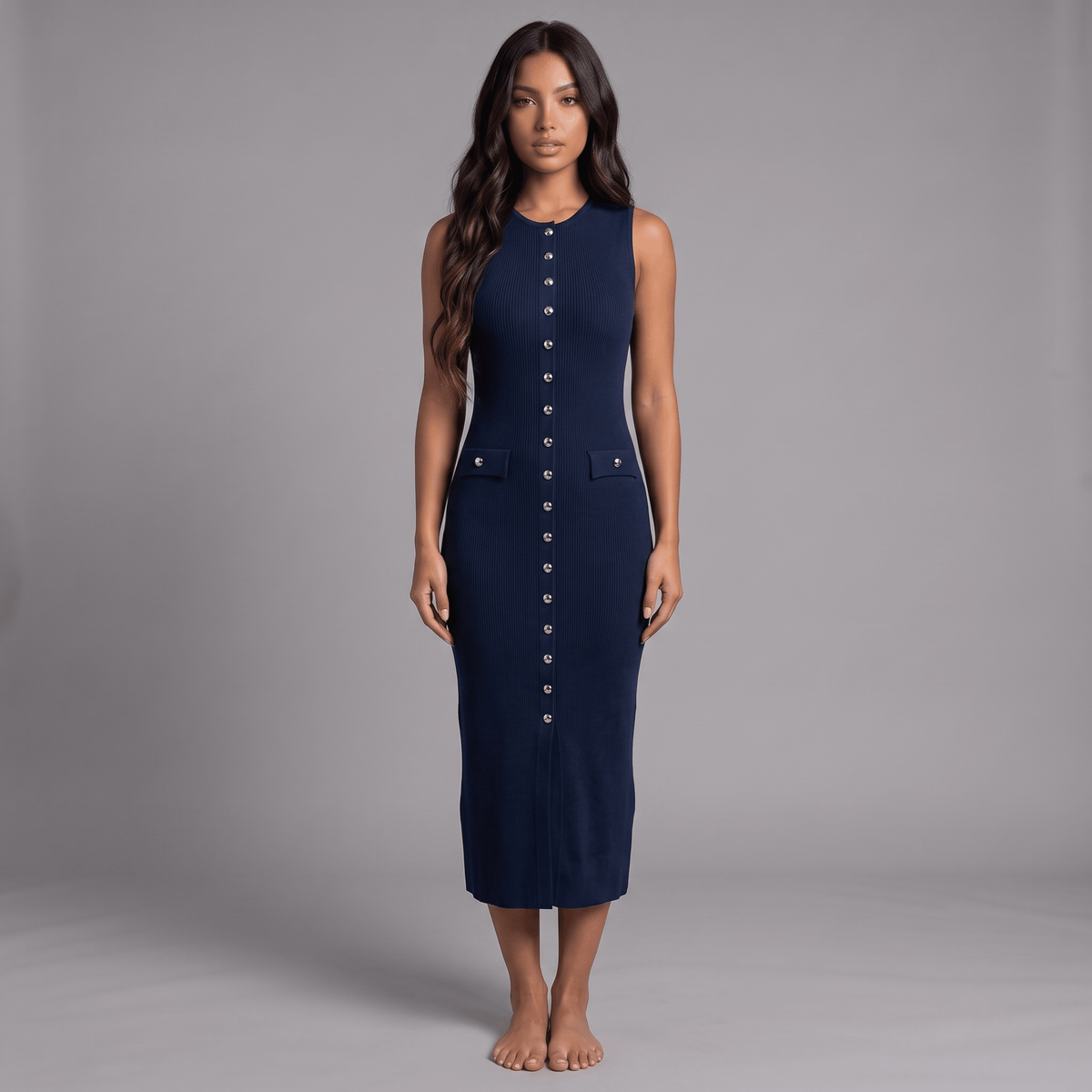 "Valencia" Sculpt Button Dress - Midikleid Damen - The Femme Club