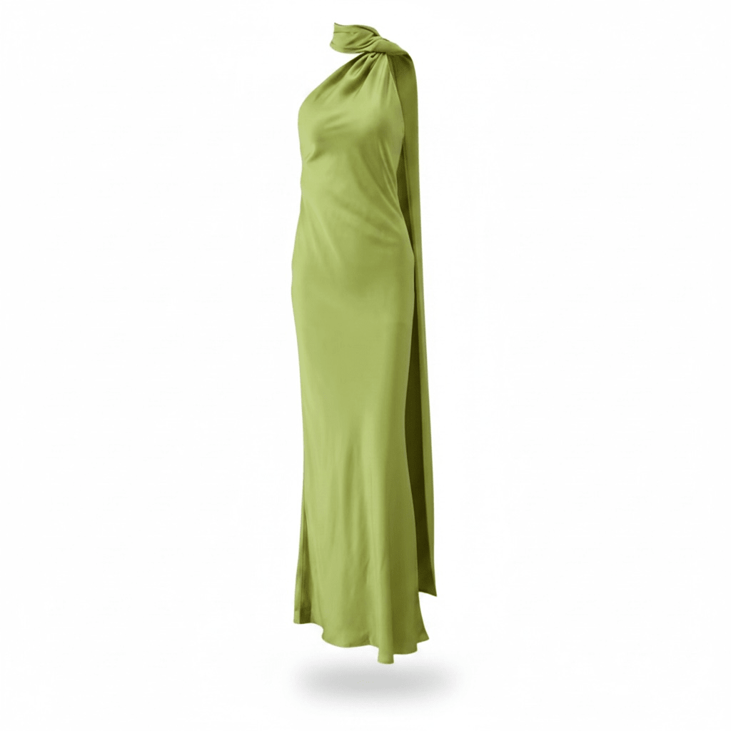 "Verde Élégance" – Satin-Maxikleid mit Cape-Detail - Maxikleid - The Femme Club