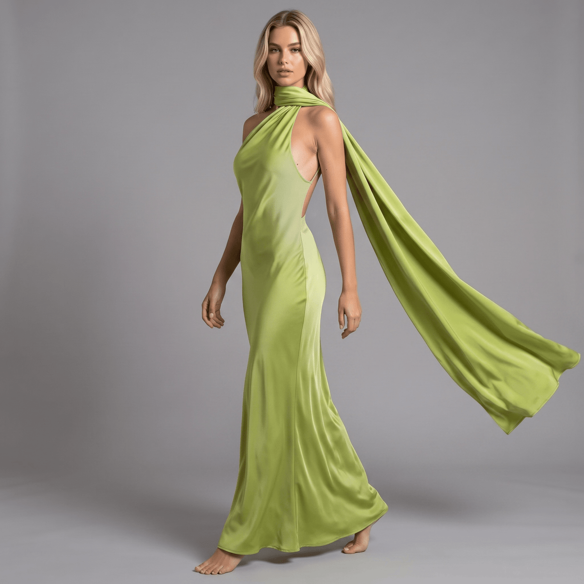 "Verde Élégance" – Satin-Maxikleid mit Cape-Detail - Maxikleid - The Femme Club