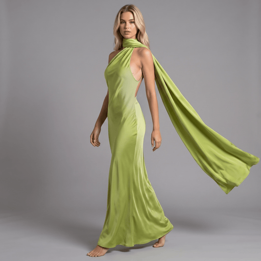"Verde Élégance" – Satin-Maxikleid mit Cape-Detail - Maxikleid - The Femme Club