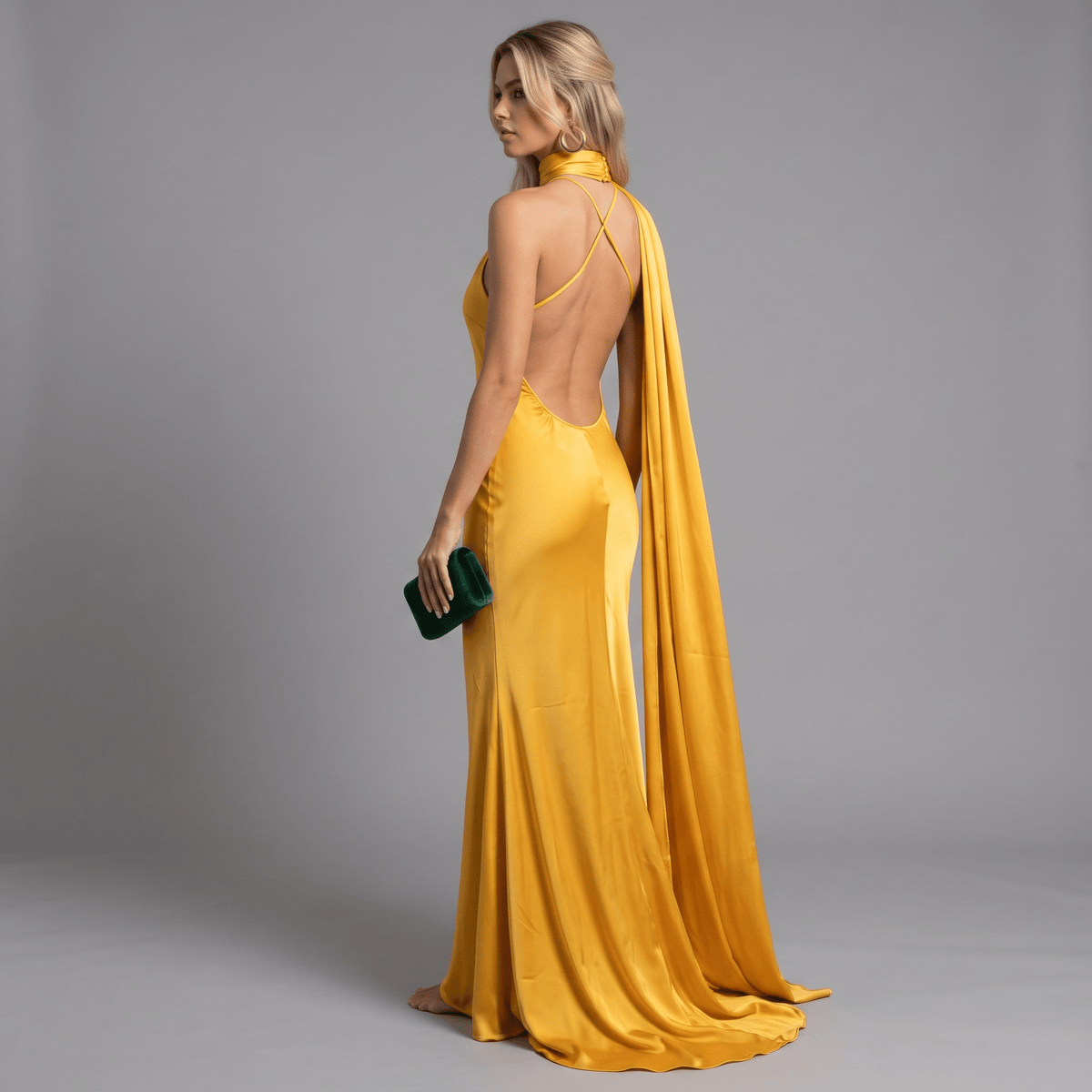 "Verde Élégance" – Satin-Maxikleid mit Cape-Detail - Maxikleid - The Femme Club
