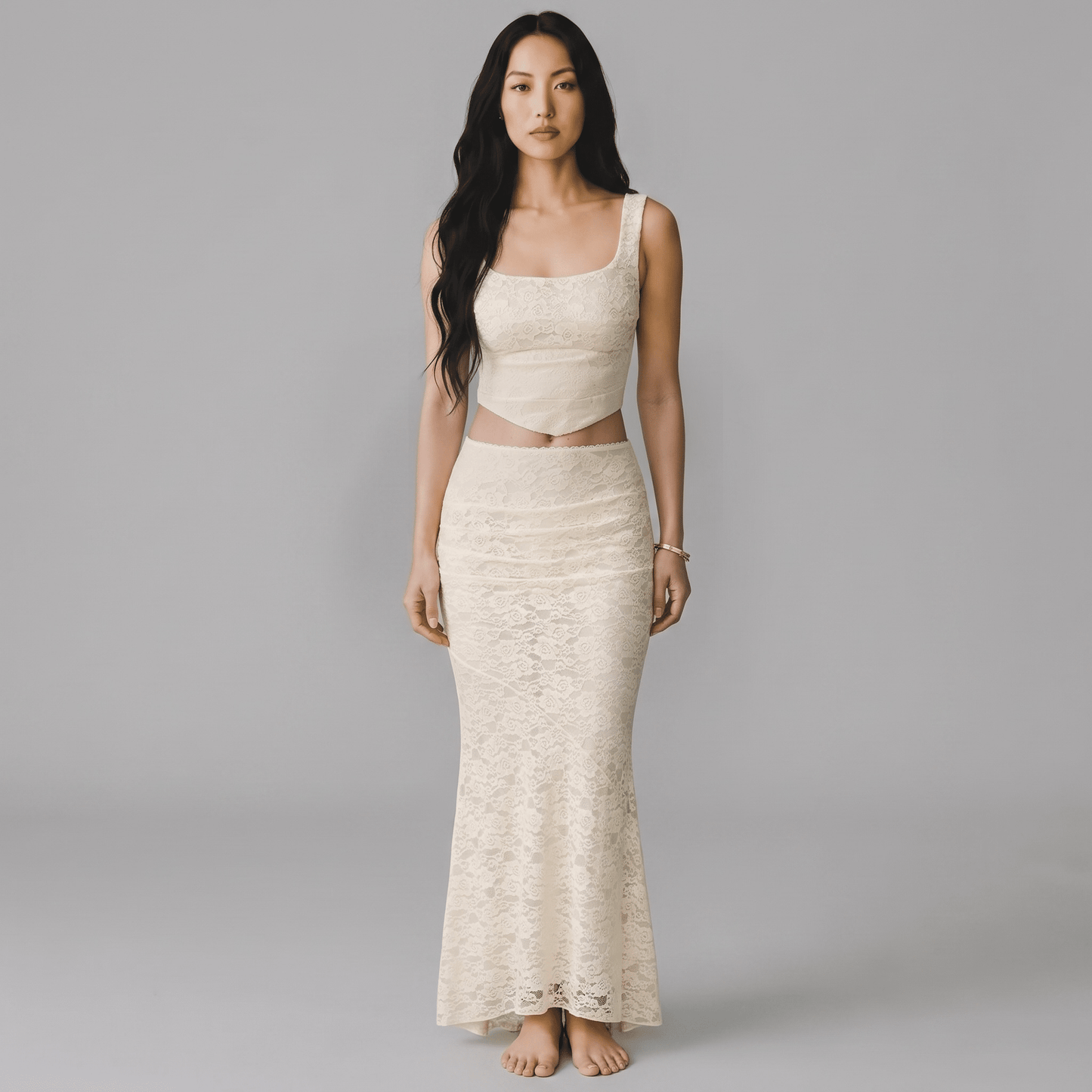 "White Lace" Zweiteiler - Elegantes Spitzen-Maxirock Set - The Femme Club