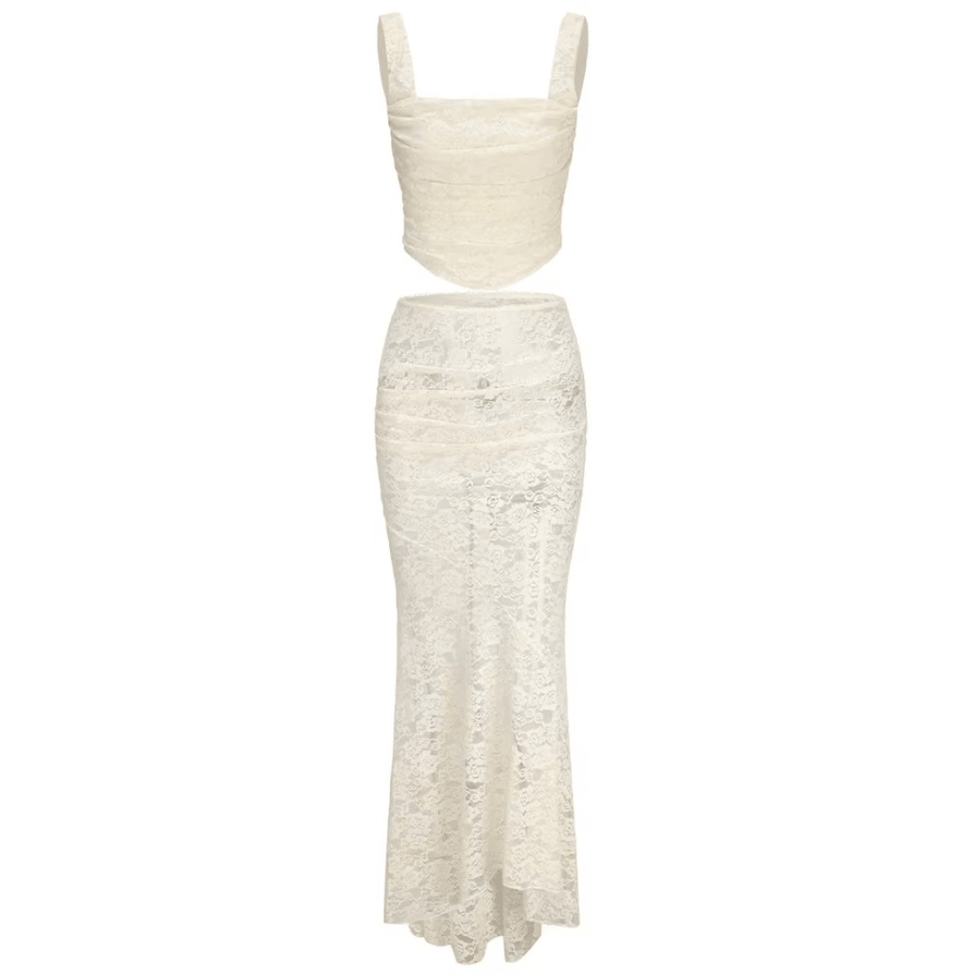 "White Lace" Zweiteiler - Elegantes Spitzen-Maxirock Set - The Femme Club