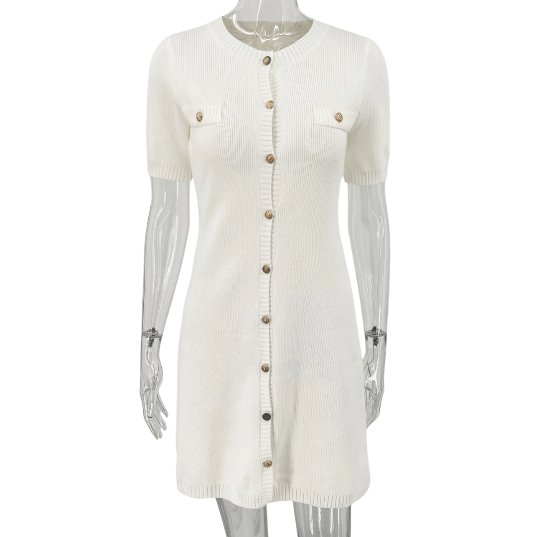 "White Luxe" Strick - Minikleid mit Goldknöpfen - Strickkleid - The Femme Club